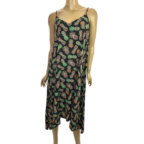 Cynthia Rowley Size S Black w Pineapple Print Asymmetric Hem Spaghetti Strap - Picture 1 of 5